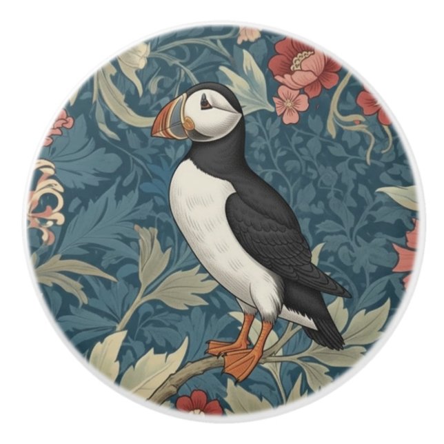 Papageientaucher-Vogel William Morris Stil linker  Keramikknauf (Vorderseite)