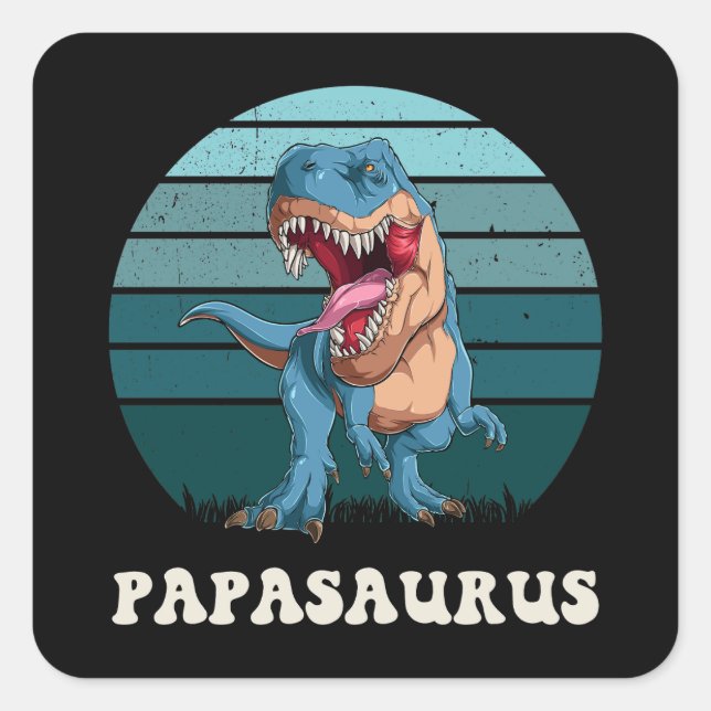 Papasaurus Funny Dinosaur auf grünem Retro-Sonnenu Quadratischer Aufkleber (Vorderseite)