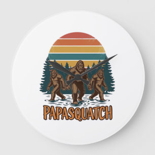 Papasquatch Bigfoot Vintage Sonnenuntergang Vektor Große Wanduhr