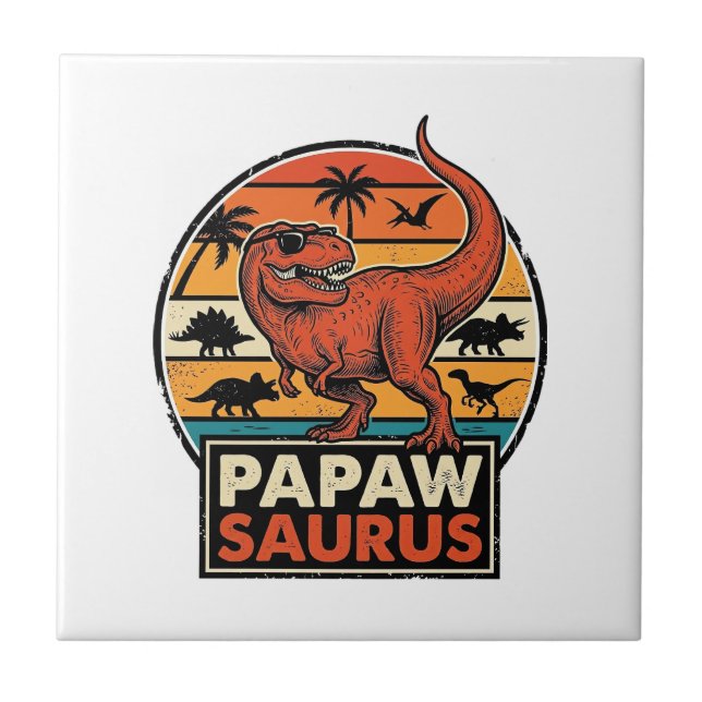 Papawsaurus Retro-Dinosaur-Sonnenuntergangs-Vektor Fliese (Vorderseite)