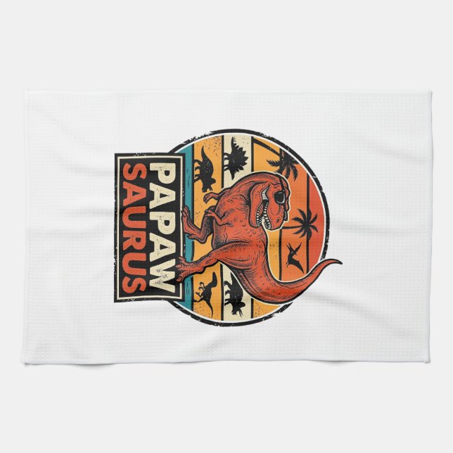 Papawsaurus Retro-Dinosaur-Sonnenuntergangs-Vektor Geschirrtuch (Horizontal)