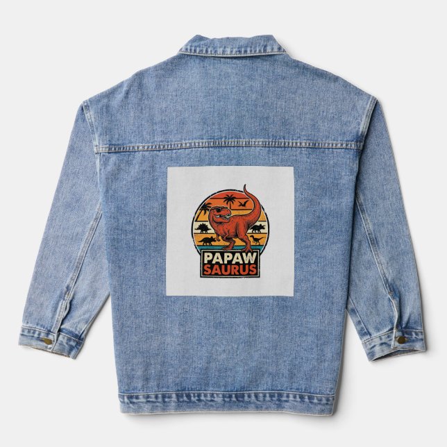 Papawsaurus Retro-Dinosaur-Sonnenuntergangs-Vektor Jeansjacke (Rückseite)