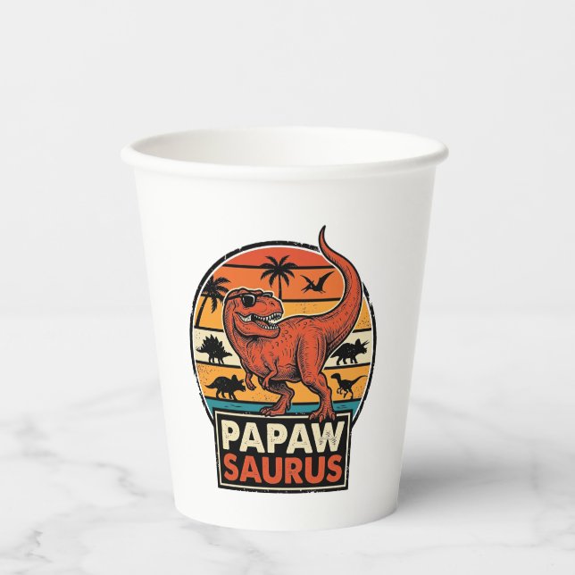 Papawsaurus Retro-Dinosaur-Sonnenuntergangs-Vektor Pappbecher (Vorderseite)