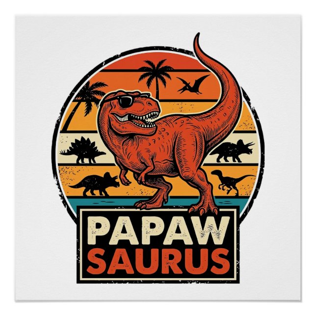Papawsaurus Retro-Dinosaur-Sonnenuntergangs-Vektor Poster (Vorderseite)