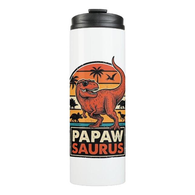 Papawsaurus Retro-Dinosaur-Sonnenuntergangs-Vektor Thermosbecher (Vorderseite)