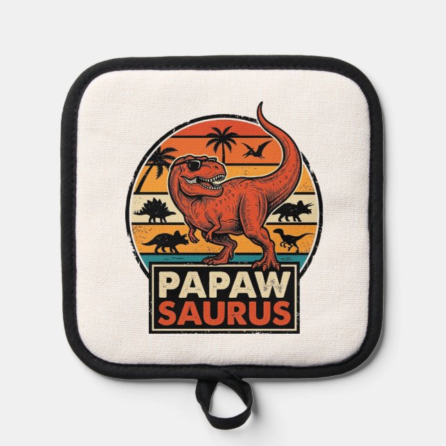 Papawsaurus Retro-Dinosaur-Sonnenuntergangs-Vektor Topflappen (Vorderseite)