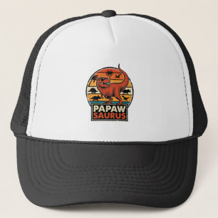 Papawsaurus Retro-Dinosaur-Sonnenuntergangs-Vektor Truckerkappe