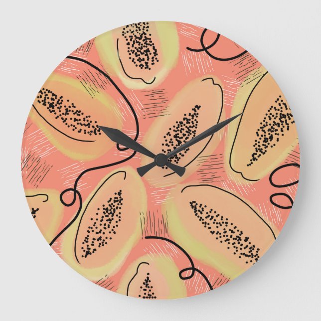 Papaya Doodle Pattern Kitchen Große Wanduhr (Vorderseite)