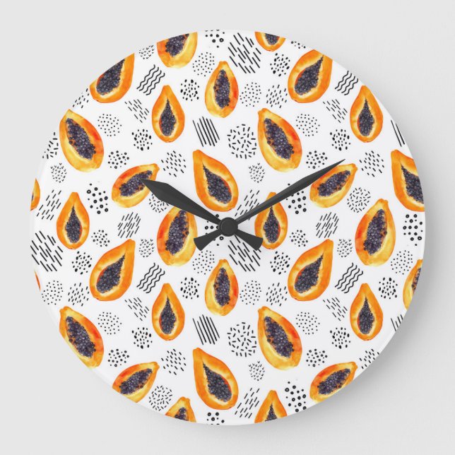 Papaya-Früchte: abstraktes Aquarellmuster. Große Wanduhr (Vorderseite)