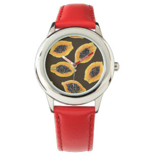Papaya-Scheiben auf dunkelbraun Armbanduhr