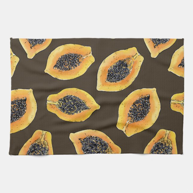 Papaya-Scheiben auf dunkelbraun Geschirrtuch (Horizontal)