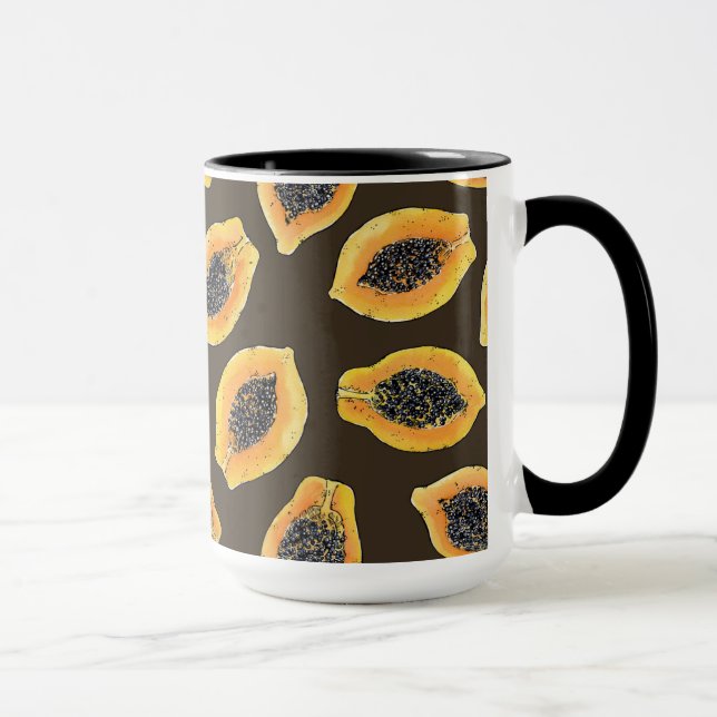 Papaya-Scheiben auf dunkelbraun Tasse (Rechts)