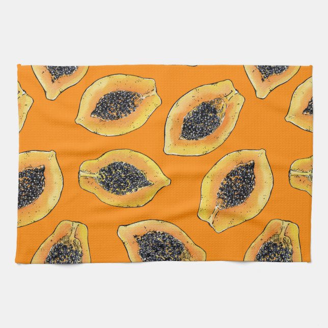 Papaya-Scheiben auf Orange Geschirrtuch (Horizontal)