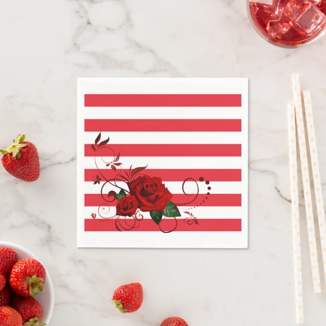 Papeete Napkins, Rote und Weiße Streifen Rote Rose Serviette (Beispiel)