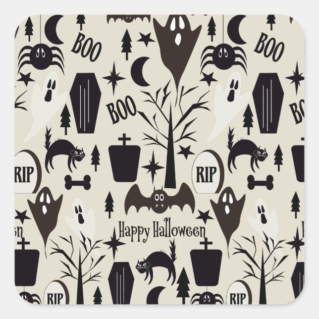 Papel de regalo Happy Halloween negro Quadratischer Aufkleber (Vorderseite)