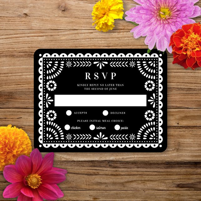 Papel Picado Black | RSVP-Karte für Hochzeitserwid RSVP Karte (Von Creator hochgeladen)