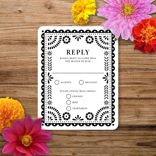 Papel Picado Black | RSVP-Karte für Hochzeitserwid RSVP Karte (Von Creator hochgeladen)