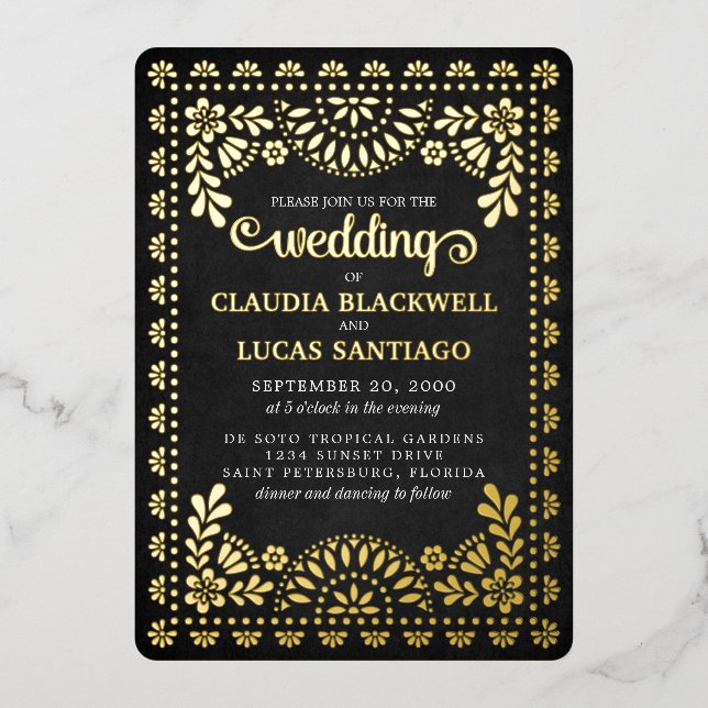 Papel Picado Black Wedding Folieneinladung (Vorderseite)