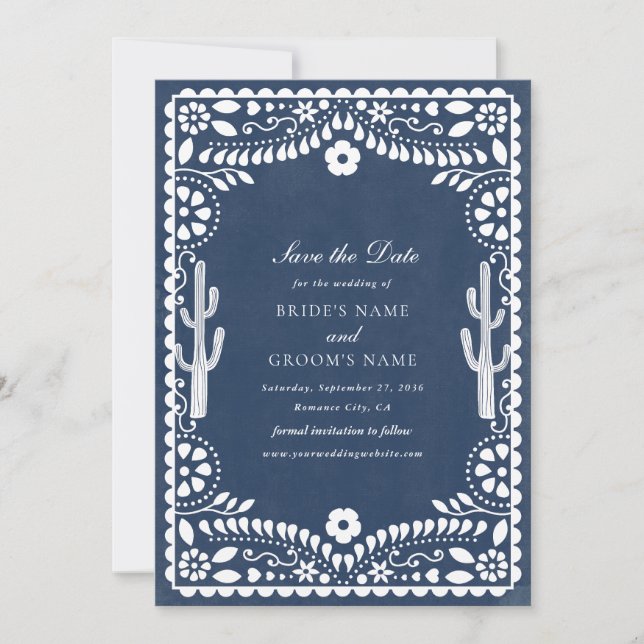 Papel Picado Boda Mexican Rustic Blue Hochzeit Save The Date (Vorderseite)
