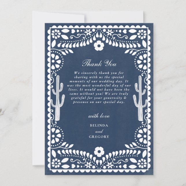 Papel Picado Boda Mexican Rustic Blue Wedding Dankeskarte (Vorderseite)