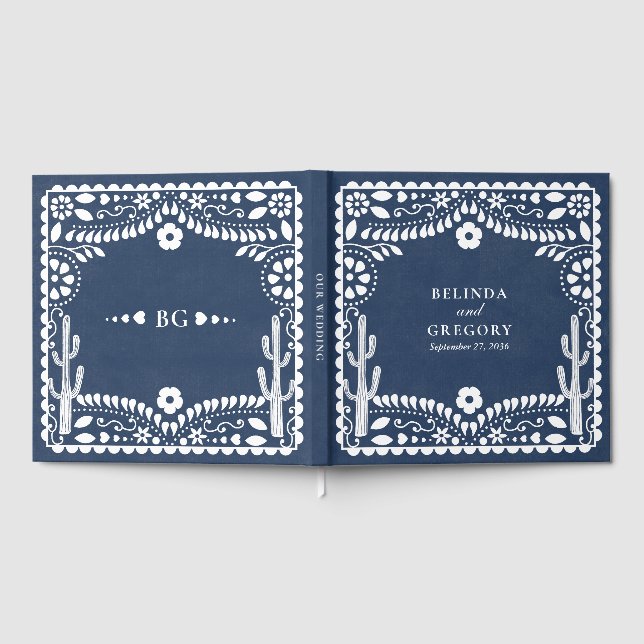 Papel Picado Boda Mexican Rustic Blue Wedding Gästebuch (Voll)