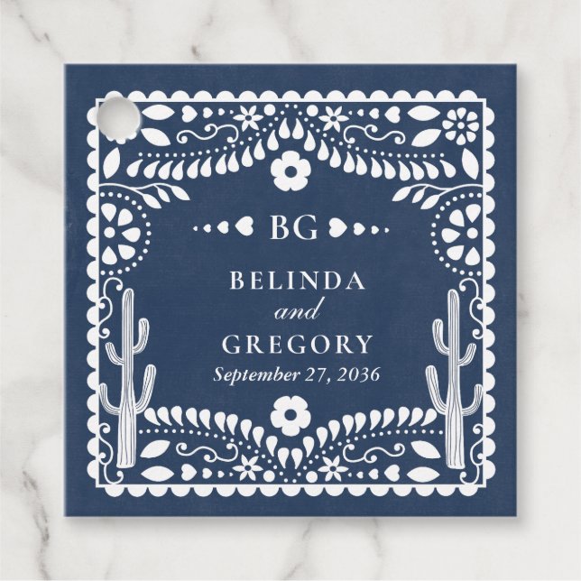 Papel Picado Boda Mexican Rustic Blue Wedding Geschenkanhänger (Vorderseite)