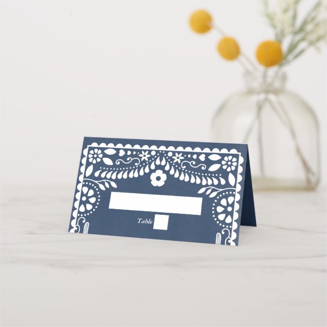 Papel Picado Boda Mexican Rustic Blue Wedding Platzkarte (Vorderseite)