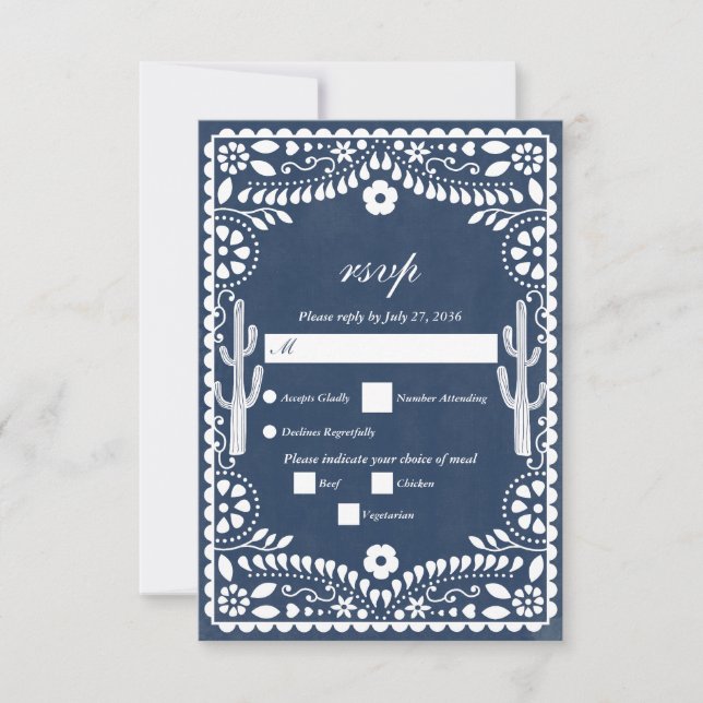 Papel Picado Boda Mexican  Rustic Blue Wedding RSVP Karte (Vorderseite)