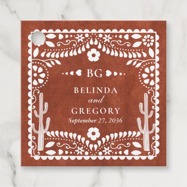 Papel Picado Boda Mexican Terracotta Brown Wedding Geschenkanhänger (Vorderseite)
