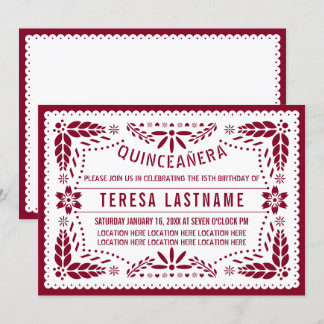 Papel picado bordeauxrot, weiß mexikanisch, Quince Einladung