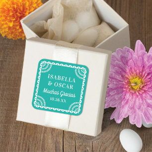 Papel Picado Bright Aqua Gastgeschenk Hochzeit Sti Quadratischer Aufkleber