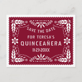 Papel picado burgundy QUINCEAÑERA Save the Date Ankündigungspostkarte