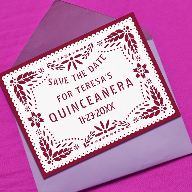 Papel picado burgundy QUINCEAÑERA Save the Date Ankündigungspostkarte (Von Creator hochgeladen)