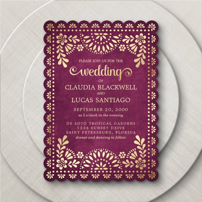 Papel Picado Burgundy Wedding Einladung (Von Creator hochgeladen)