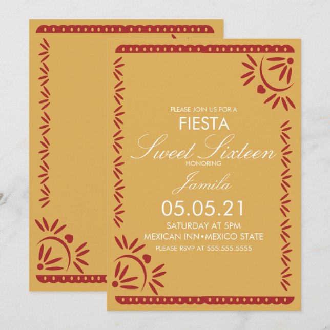 Papel Picado Fiesta Sweet 16 Mexican Scallop Einladung (Vorne/Hinten)