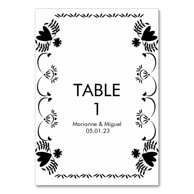 Papel Picado Floral Mexican Wedding Schwarz-weiß Tischnummer (Vorderseite)