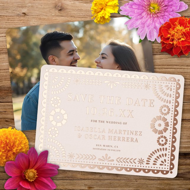 Papel Picado Foto Wedding Foil Save the Date Karte (Von Creator hochgeladen)
