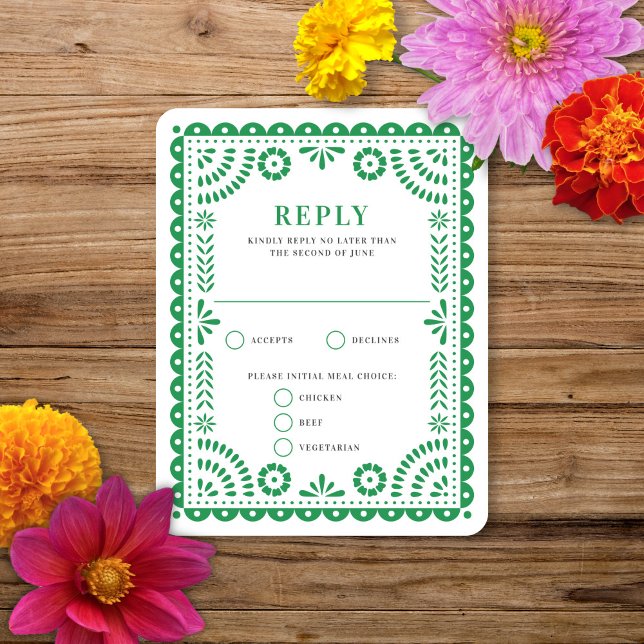 Papel Picado Green | RSVP-Karte für Hochzeitserwid RSVP Karte (Von Creator hochgeladen)