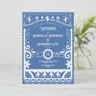 Papel Picado Hellblaue und Weiße Hochzeitseinladun Einladung