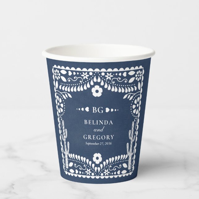 Papel Picado Hochzeit Mexikanische Rustikale Blaue Pappbecher (Vorderseite)