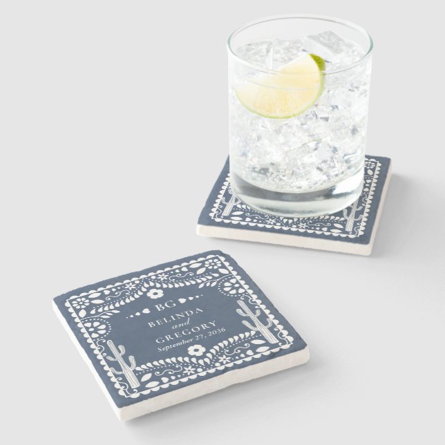Papel Picado Hochzeit Mexikanische Rustikale Blaue Steinuntersetzer (Seitenansicht)