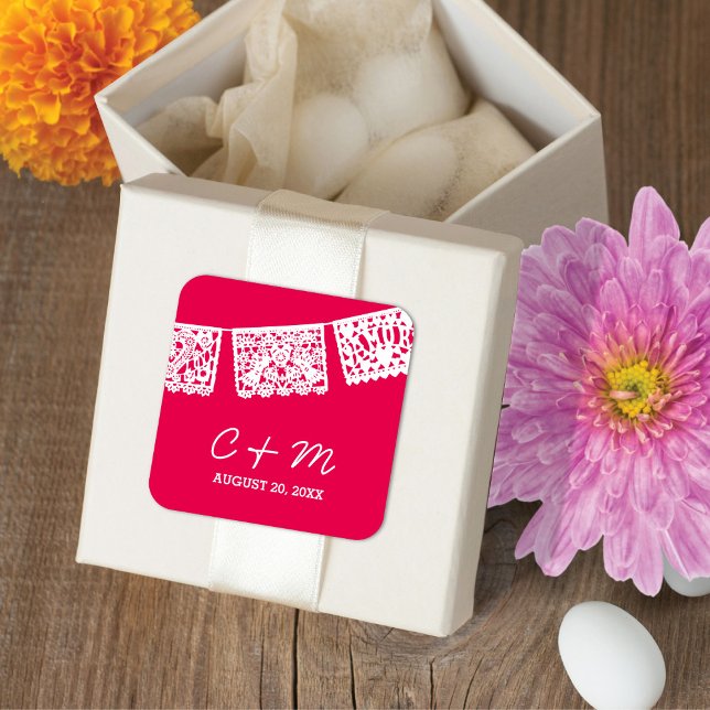 Papel Picado Hot Pink | GASTGESCHENK HOCHZEIT Quadratischer Aufkleber (Von Creator hochgeladen)