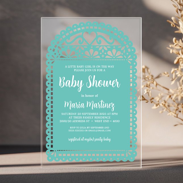 Papel Picado Inspiriert Pink Baby Dusche Acryleinladungen (Simple and elegant baby shower invitation, inspired by the intricate and colorful papel picado flags)