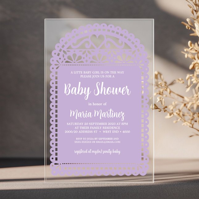 Papel Picado Inspiriert Pink Baby Dusche Acryleinladungen (Simple and elegant baby shower invitation, inspired by the intricate and colorful papel picado flags)