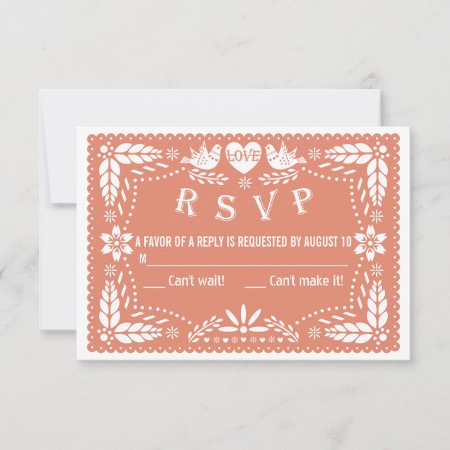 Papel picado liebt Korallenpfirsichhochzeit RSVP (Vorderseite)
