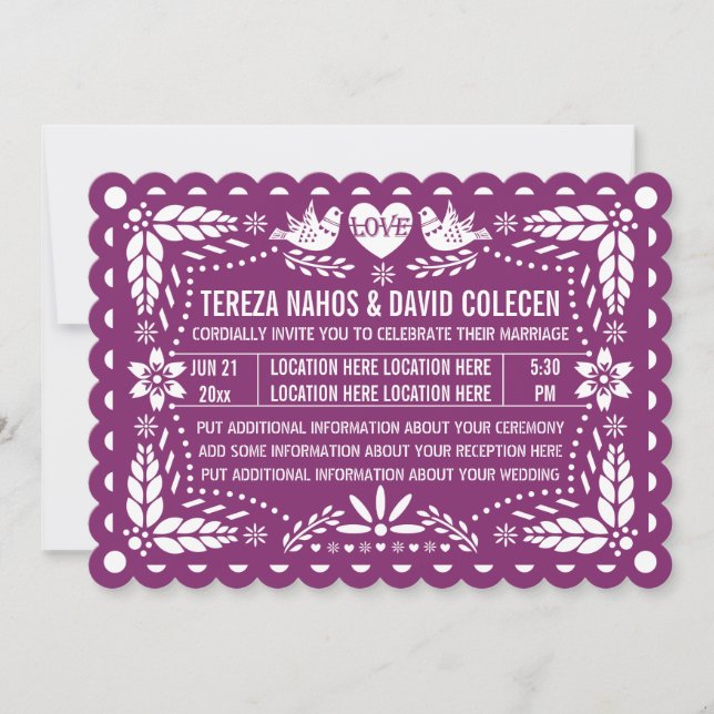 Papel picado liebt lila Fest-Hochzeit Einladung (Vorderseite)