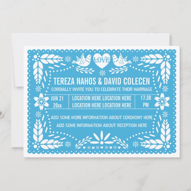 Papel picado liebt Vögel Blaue Hochzeit Einladung (Vorderseite)