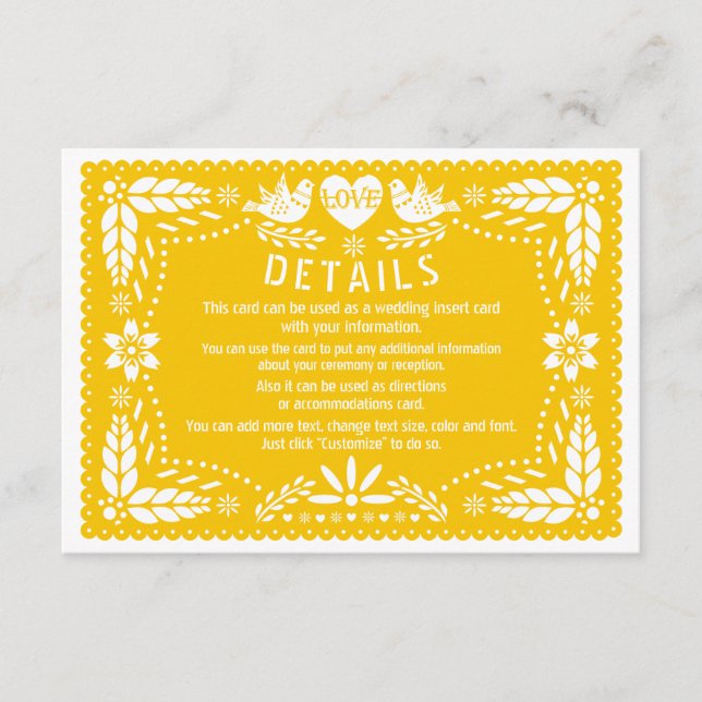 Papel picado liebt Vögel Gelbe Hochzeitsdetails Begleitkarte (Vorderseite)