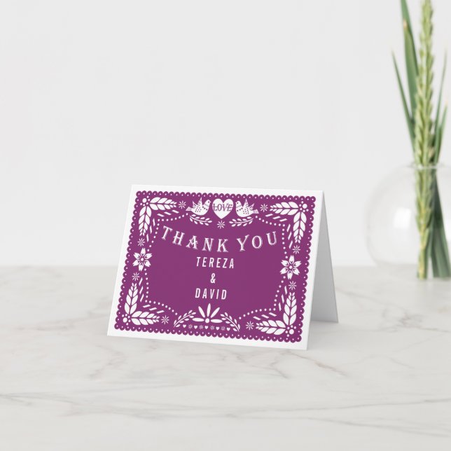 Papel picado liebt Vögel lila Hochzeit Danke (Vorderseite)
