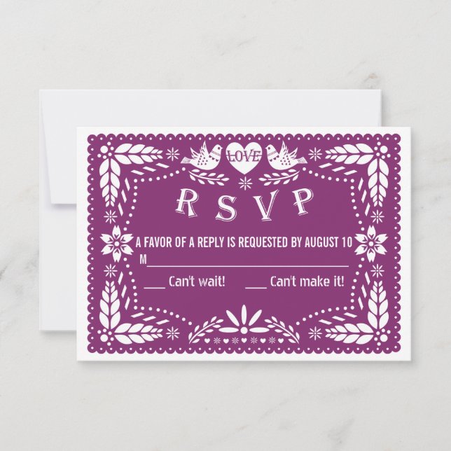 Papel picado liebt Vögel lila Hochzeitsantwort RSV RSVP Karte (Vorderseite)